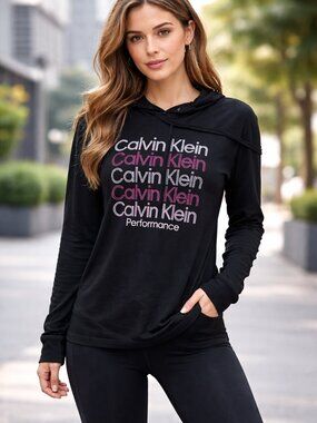 Calvin Klein Performance Hoodie Black Long Sleeve Casual Graphic Sweatshirt
